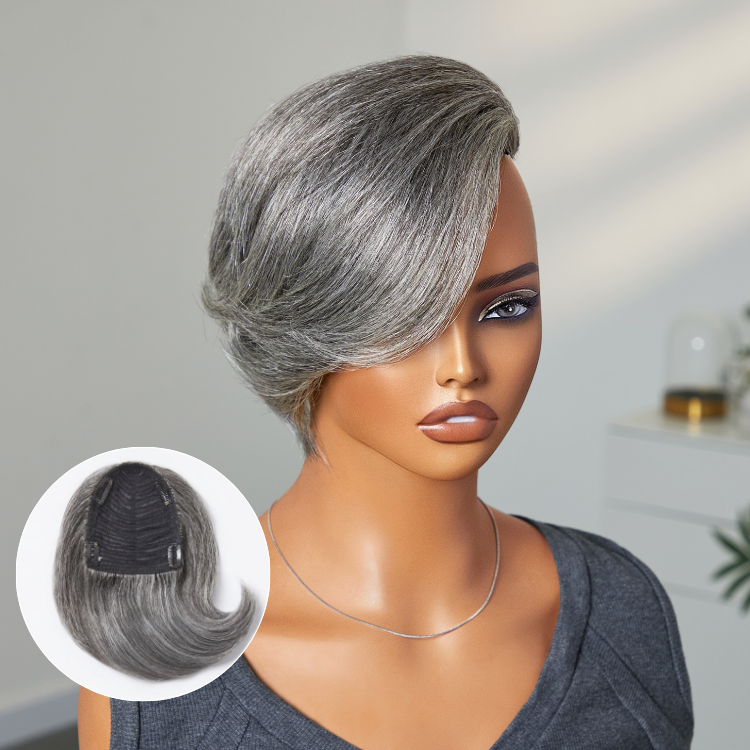 Salt and Pepper Straight Clip in Hair Topper with Bangs-01