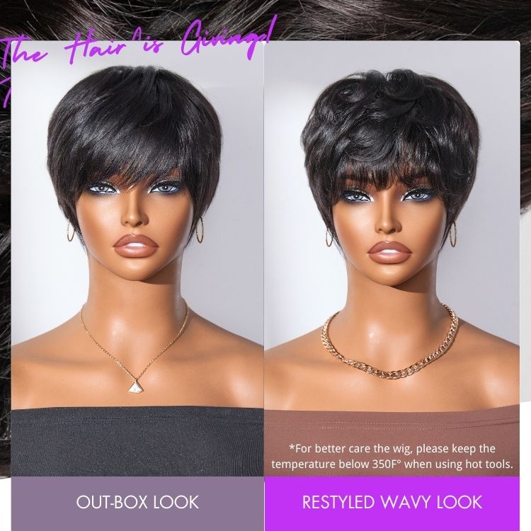 Luvme Hair Throw On & Go short wig with bangs, skin-like soft texture, glueless design, suitable for hair loss, casual style