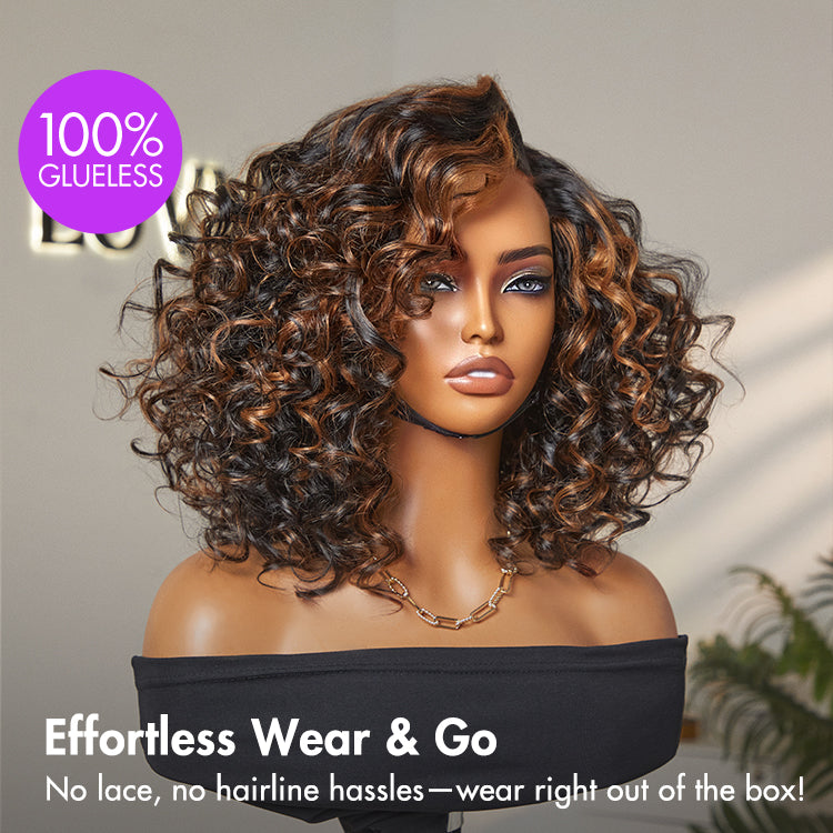 Subscriber Only | Effortless Elegance Brown Highlight / Natural Black Bouncy Curly Wig Minimalist HD Lace Glueless Wig Pre-Cut Lace-11