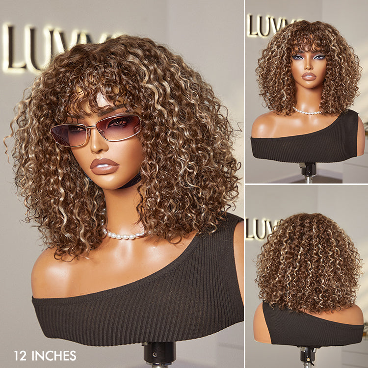 Luvme water wave minimalist short lace wig with bangs, glueless and beginner-friendly for natural-looking hair styling.
