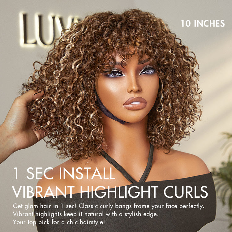 Luvme water wave short lace glueless wig with bangs, beginner-friendly and minimalist, showcasing natural hair texture and style.