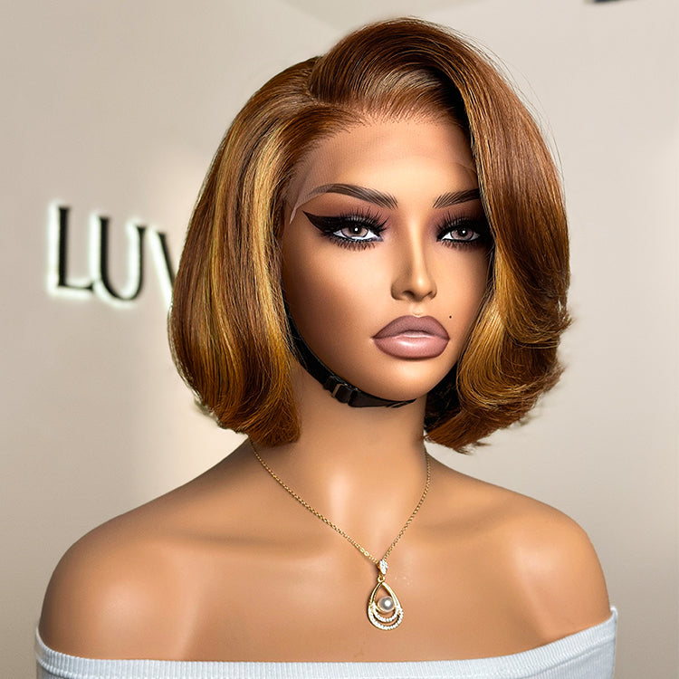 weekly special | Limited Design | Toffee Brown Mix Blonde / Natural Black Layered Cut Glueless 5x5 Closure Lace Bob Wig-02