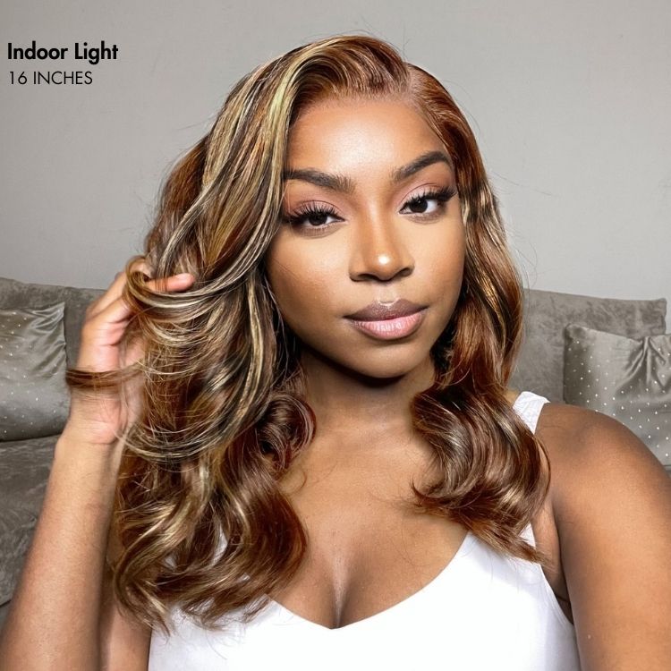 New Customers Only | PreMax Wigs - Honey Blonde Highlight / Natural Black / Ombre Blonde Bouncy Body Wave Glueless 13x4 Frontal Lace Human Hair Wig-08