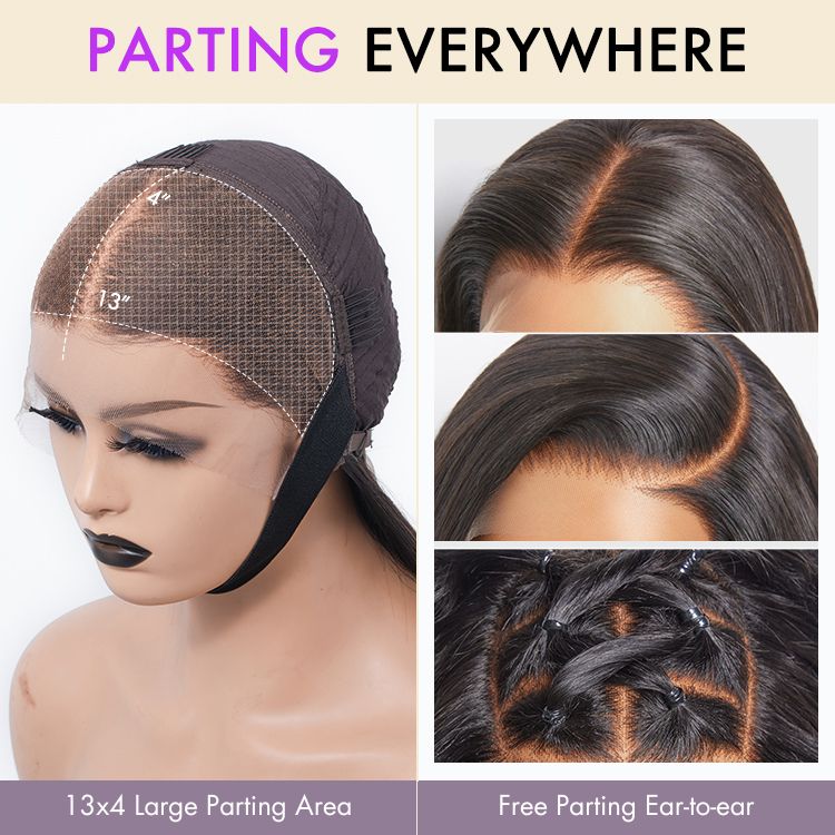 Luvme Hair body wave glueless 13x4 frontal lace long wig displayed on a model with natural waves and a seamless fit.