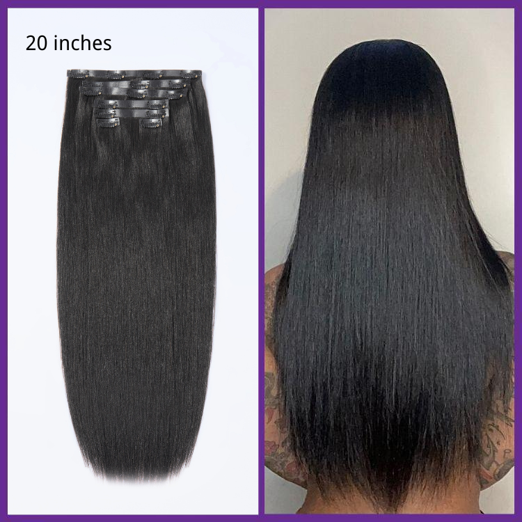 20 inch Luvme straight clip-in hair extensions length and back view