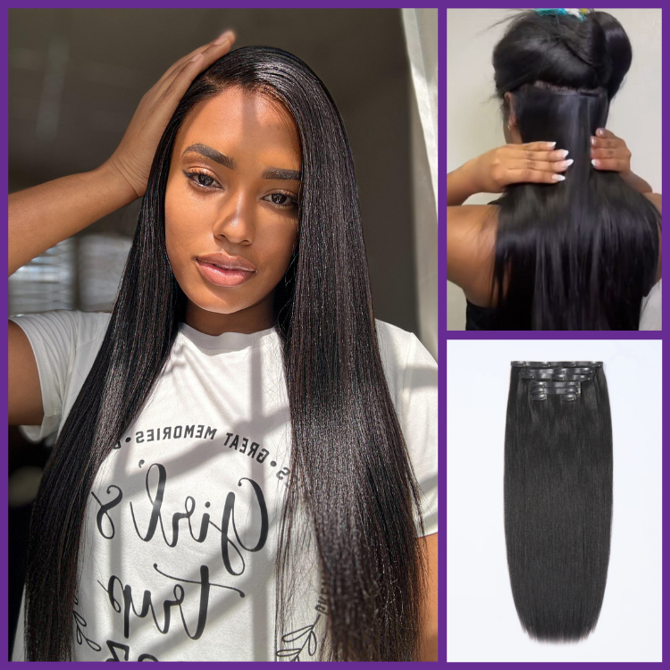 Luvme human hair clip-in extensions with finished straight hairstyle and clip pieces