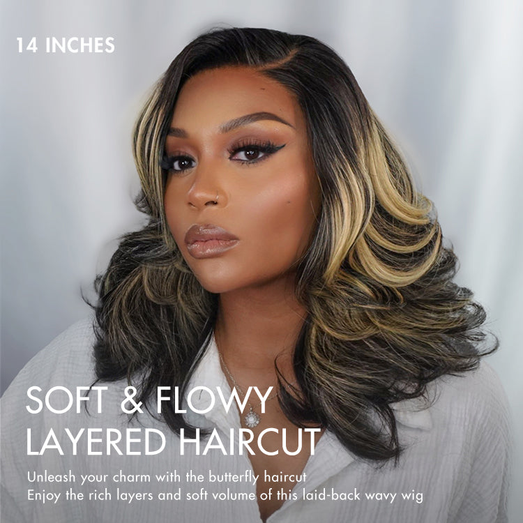 Honey Blonde Highlight Layered Cut Glueless Wig Minimalist HD Lace Human Hair Wig-04