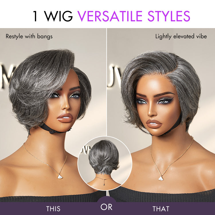Salt and Pepper Short Pixie Cut Wig Glueless Minimalist HD Lace Grey Wig Pre-Cut Lace-08