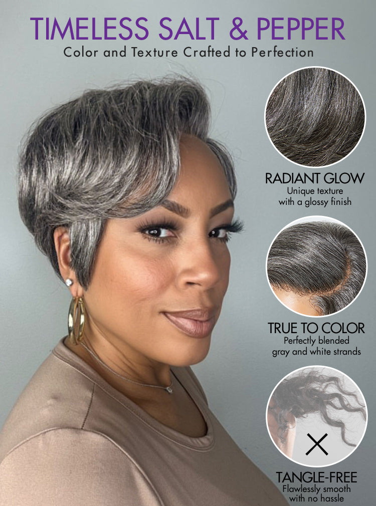 Salt and Pepper Short Pixie Cut Wig Glueless Minimalist HD Lace Grey Wig Pre-Cut Lace-14