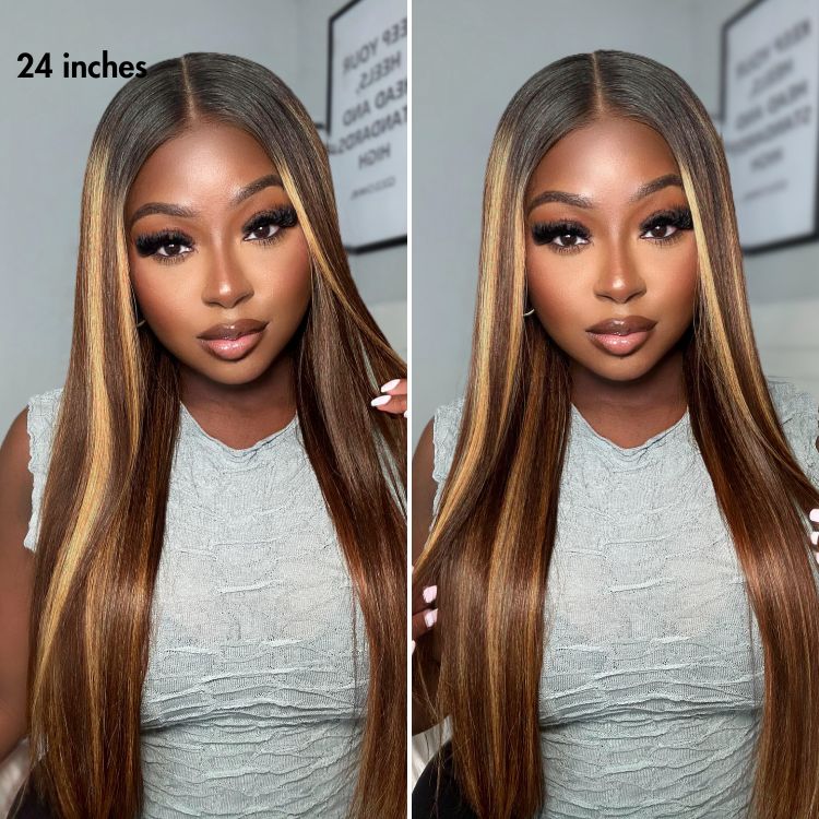 24-inch straight wig with natural brown and blonde highlights, silky texture, realistic hairline, perfect for versatile styling.