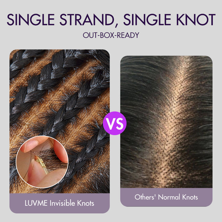 Comparison of LUVME Invisible Knots and others' normal knots, highlighting single-strand, single-knot technique for natural look.