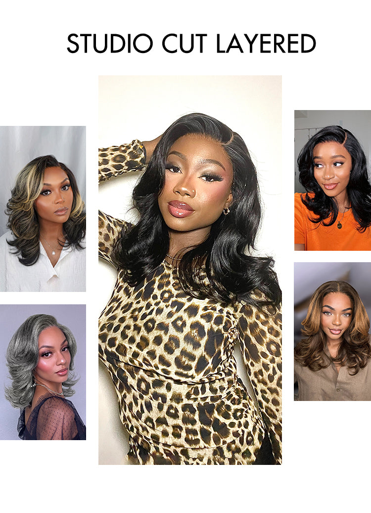Special Deal | Brown Highlight Middle Part Effortlessly Chic Layered Haircut Wavy Glueless HD Minimalist Lace Short Wig-07