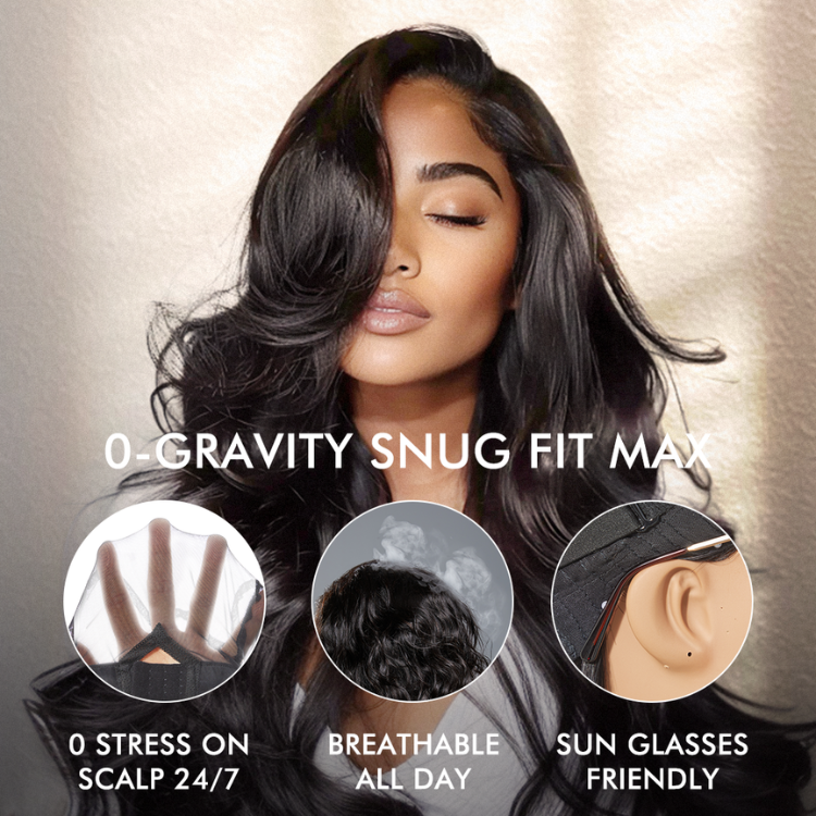 Luvme All-Day Comfort™ Wig with 7x6 HD lace closure, loose body wave, long, pre-cut lace, glueless design, natural parting.