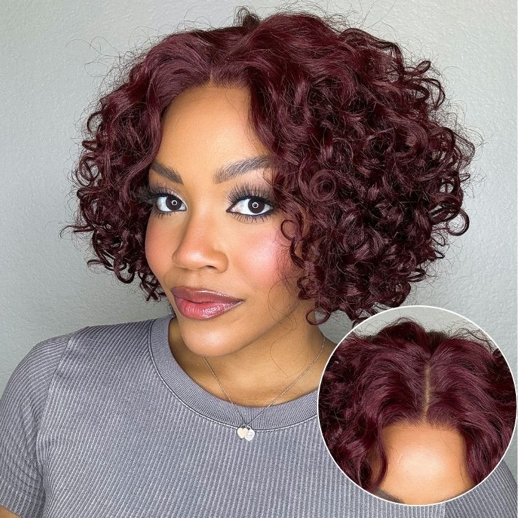 Luvme Hair burgundy curly bob minimalist lace wig with T-part, human hair, glueless design, styled with natural curls and t-part lace.