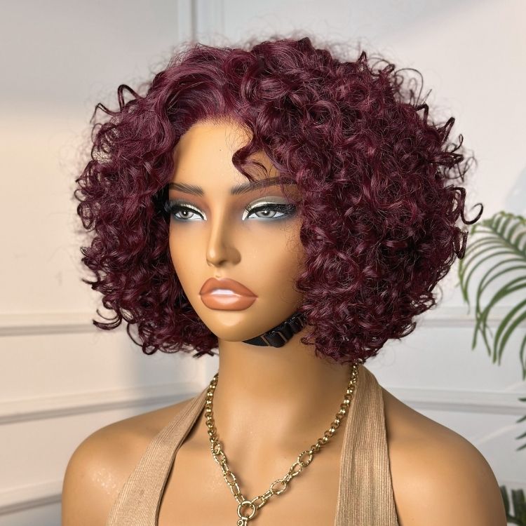 Trendy Burgundy Curly Bob Glueless Minimalist HD Lace T Part 99J Hair Color Wig 100% Human Hair-01