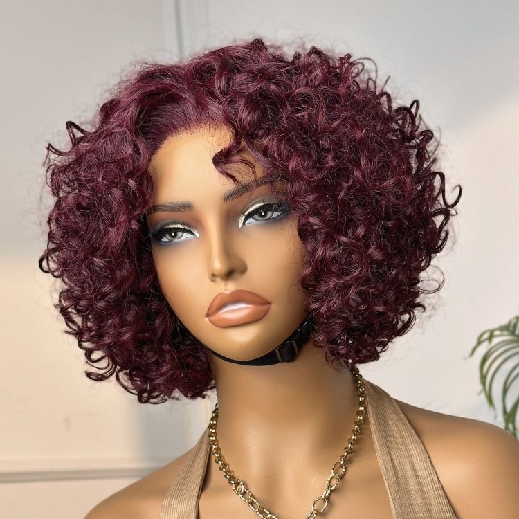 Luvme Hair burgundy curly bob minimalist lace wig with T-part, 100% human hair, HD lace, in 99J hair color, US style