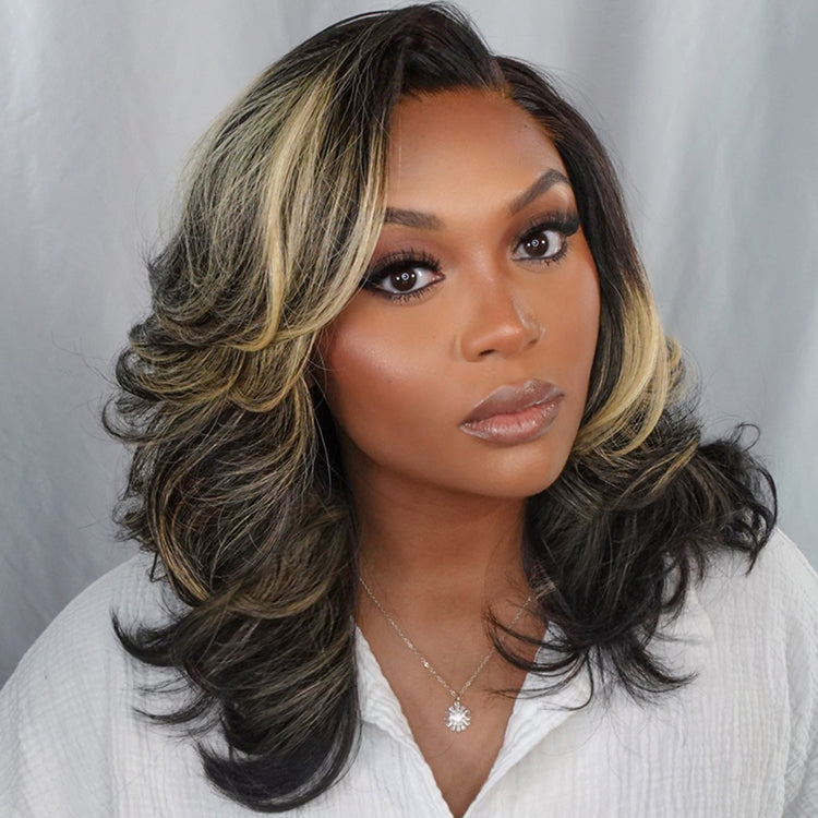 Luvme Hair layered wavy short wig with glueless HD lace, showcasing a chic, minimalist hairstyle for new customers.