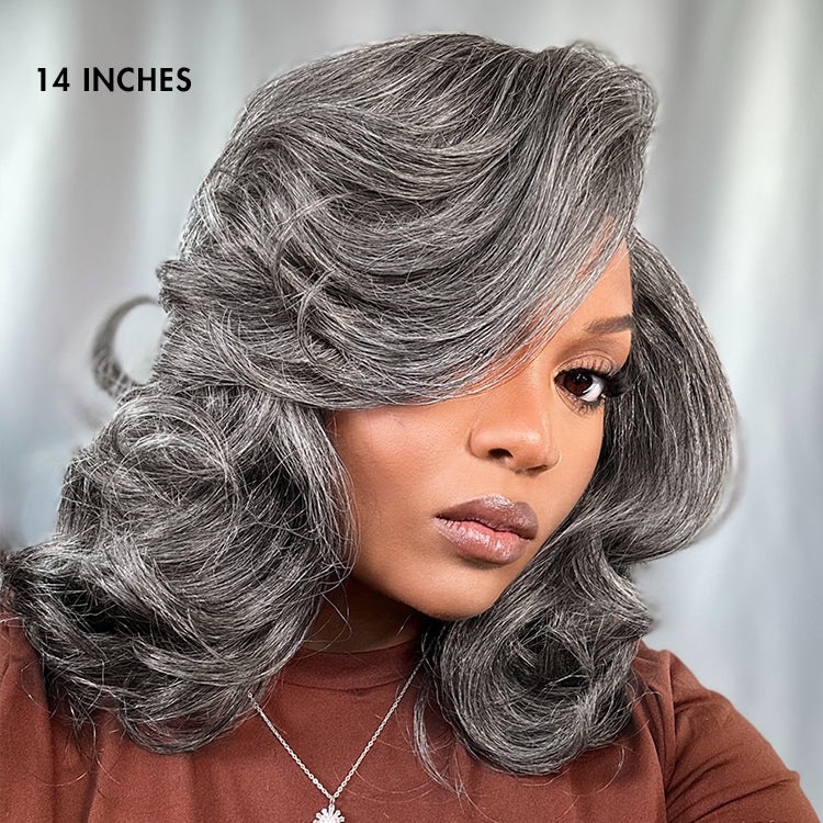 New Customers Only | Layered Blowout Salt and Pepper Glueless Grey Wig Minimalist HD Lace Shoulder Length Wavy Wig-06