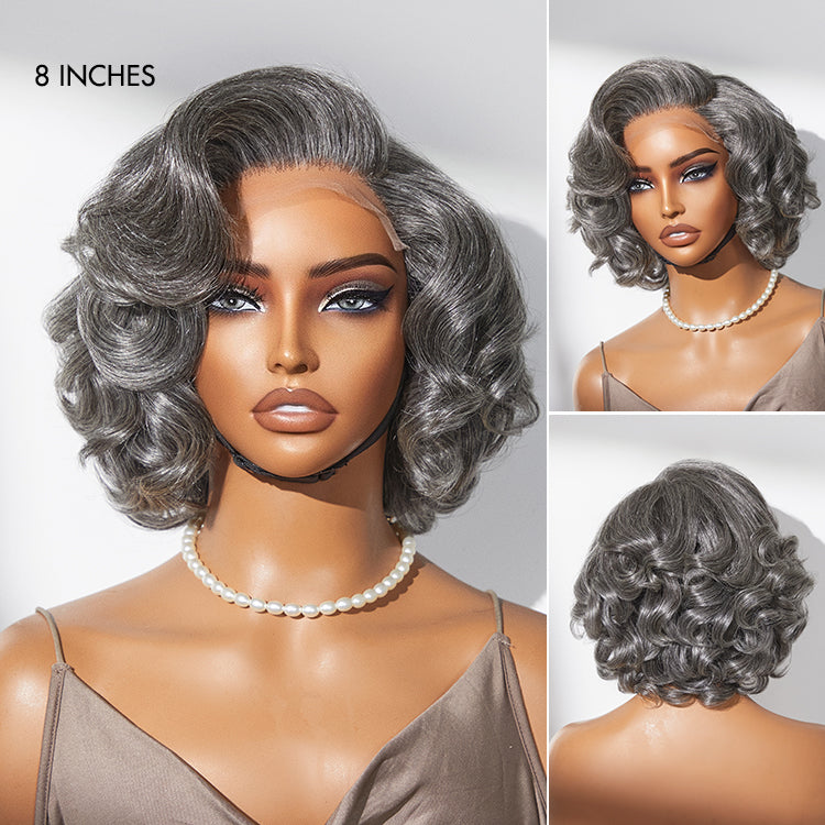 New Customers Only | Mature Boss Salt and Pepper Bouncy Egg Curls Glueless Minimalist HD Lace Grey Wig-05