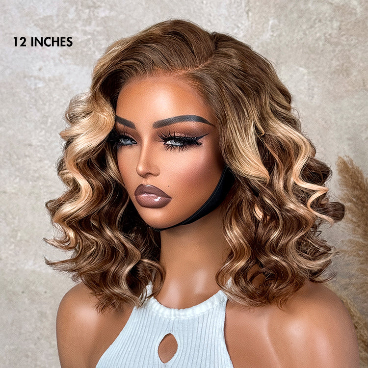 Ash Blonde Highlight Loose Wave Glueless Minimalist HD Lace Short Wavy Wig Pre-Cut Lace-07