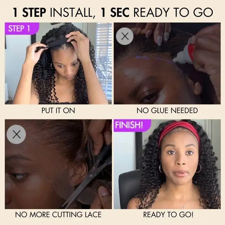 Throw On & Go Natural Black / Blonde Highlight Deep Wave No Lace Glueless Long Headband Wig (Get Free Trendy Headbands)-09