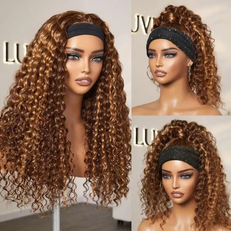 New Customers Only | Black / Brown Highlight Deep Wave Headband Wig (Get Free Trendy Headbands)-06
