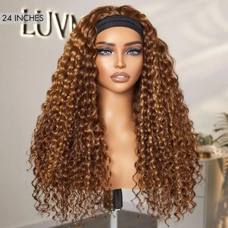 New Customers Only | Black / Brown Highlight Deep Wave Headband Wig (Get Free Trendy Headbands)-14