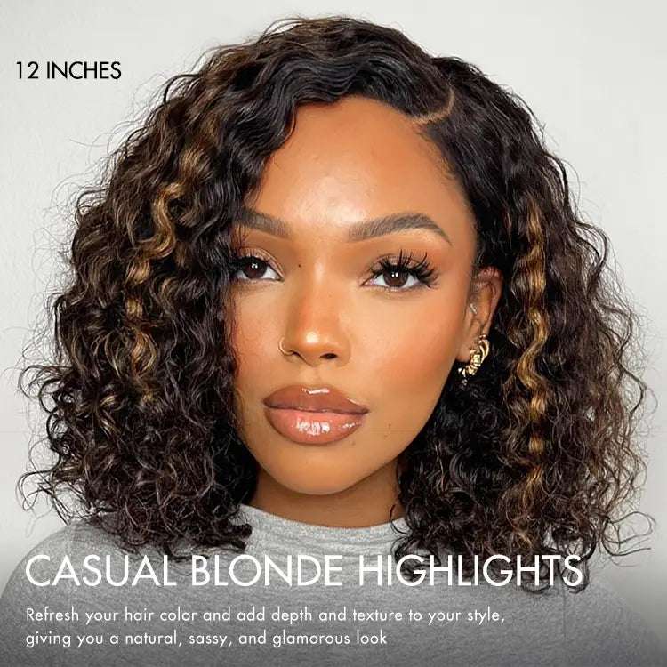 Exclusive Sale | Blonde Highlight Short Curly Glueless Minimalist HD Lace Human Hair Wig-02