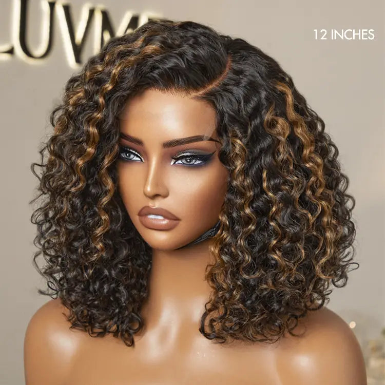 Exclusive Sale | Blonde Highlight Short Curly Glueless Minimalist HD Lace Human Hair Wig-03