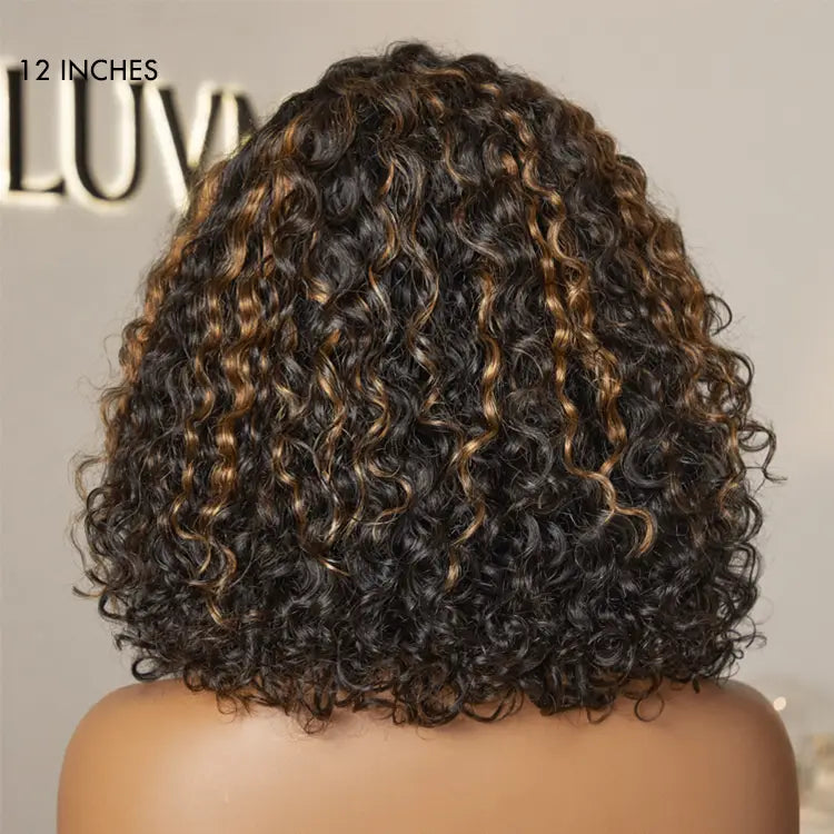 Exclusive Sale | Blonde Highlight Short Curly Glueless Minimalist HD Lace Human Hair Wig-05