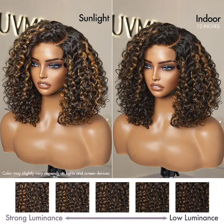 Exclusive Sale | Blonde Highlight Short Curly Glueless Minimalist HD Lace Human Hair Wig-06