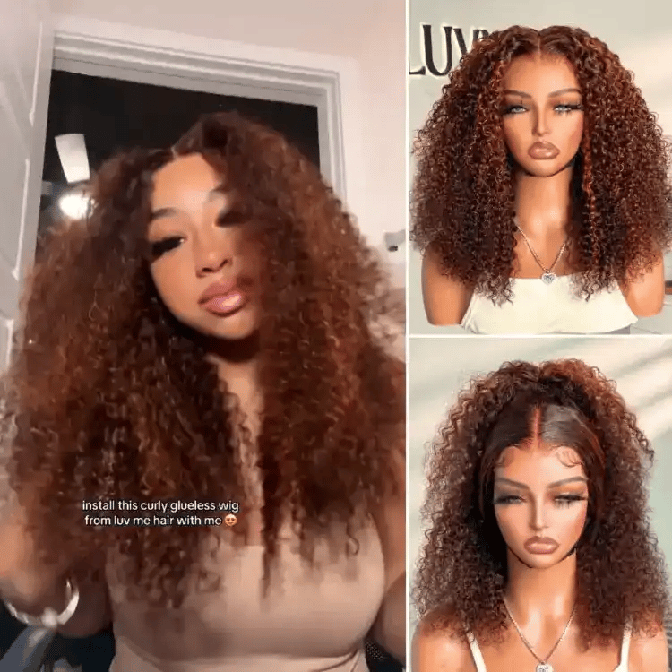 180% Density Copper Highlight Kinky Curly Glueless 5x5 Closure Lace Curly Wig-01