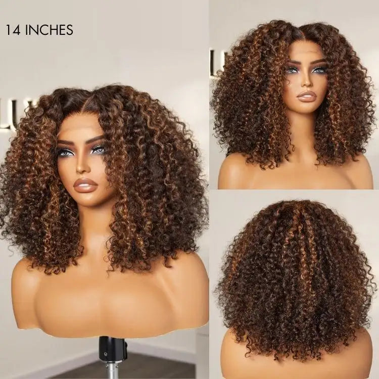180% Density Copper Highlight Kinky Curly Glueless 5x5 Closure Lace Curly Wig-04
