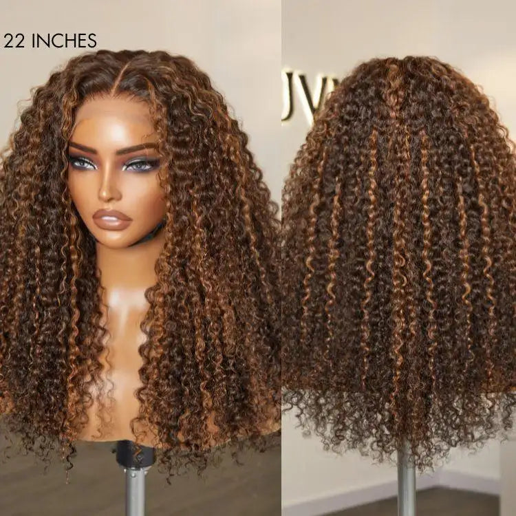 180% Density Copper Highlight Kinky Curly Glueless 5x5 Closure Lace Curly Wig-05