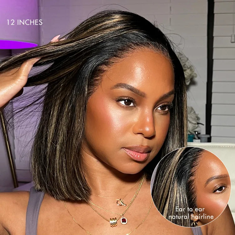 New Customers Only | PreMax Wigs - Natural Black / Blonde Highlight C Part Glueless Lace Front Bob Wig-09