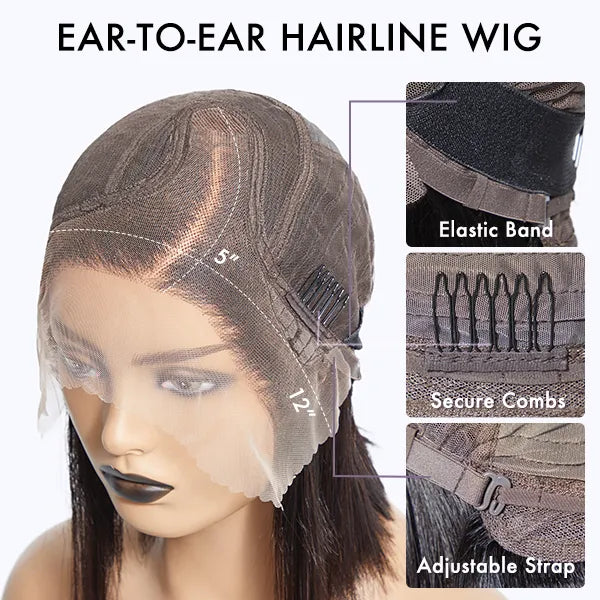 Luvme PreMax Wigs glueless lace front bob wig in natural black with blonde highlights, C part, showcasing styled hair and lace front.