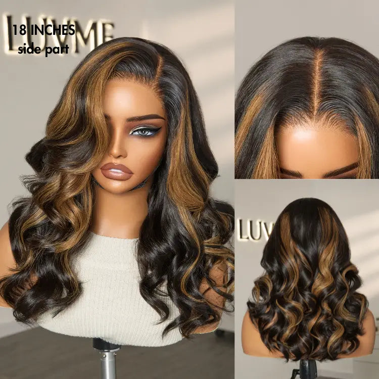 Luvme Hair PreMax Blonde Mix Black 5x5 HD Lace Closure Wig with loose waves, glueless fit, large and small cap options.