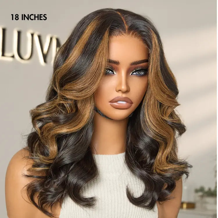 Luvme Hair PreMax Blonde Mix Black 5x5 HD Lace Closure Wig with loose waves, large and small cap options, front view.