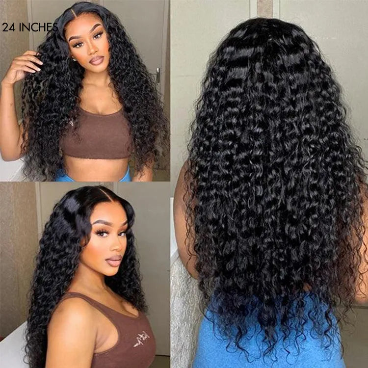 Luvme 13x4 frontal lace human hair wig with 180% density water wave HD texture, pre-cut lace, glueless, free part style.