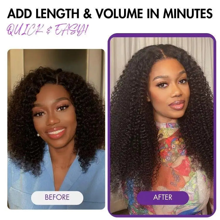 Kinky Curly Seamless Clip-in Extensions by Luvme Hair, human hair with a natural curl pattern and a free gift included.