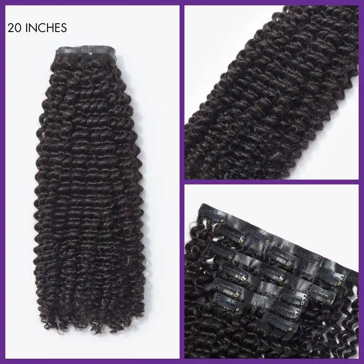 Kinky Curly Seamless Clip-in Extensions by Luvme Hair, human hair with clips, displayed with a free gift in the image.