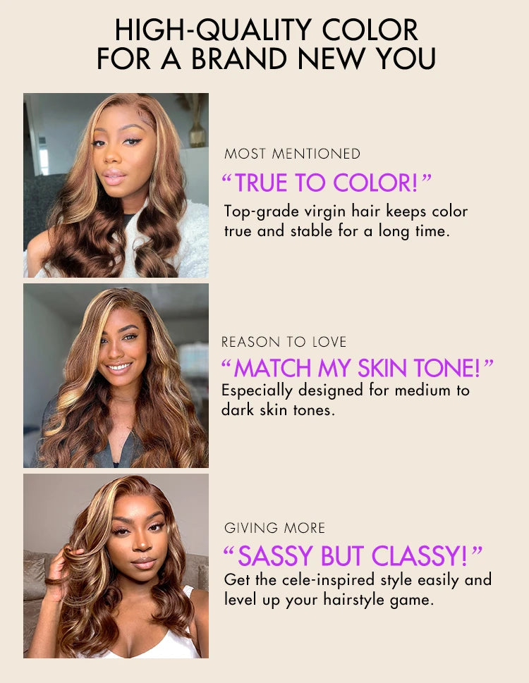 Customer Reviews of Honey Blonde Highlight Loose Body Wave Glueless 13x4 Lace Front Wig 