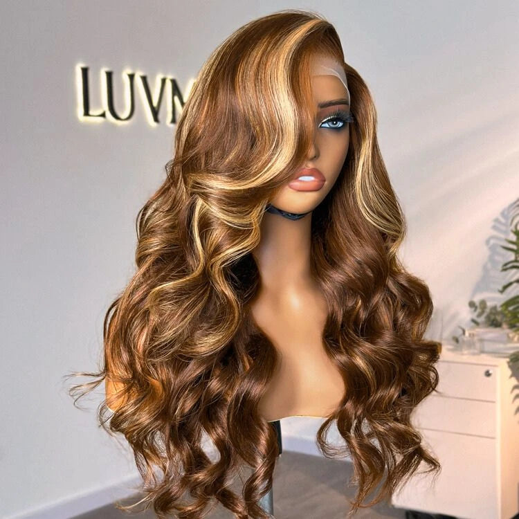 Honey Blonde Highlight / Black Loose Body Wave Glueless 13x4 Lace Front Wig-01