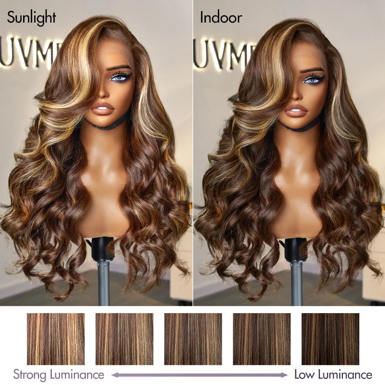 Luvme Hair 13x4 lace front wig with honey golden blonde and natural black loose body wave, 100% human hair, glueless style.