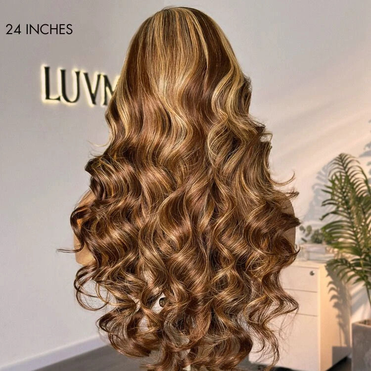 Luvme Hair 13x4 lace front wig with golden blonde and natural black loose body wave human hair, glueless style.