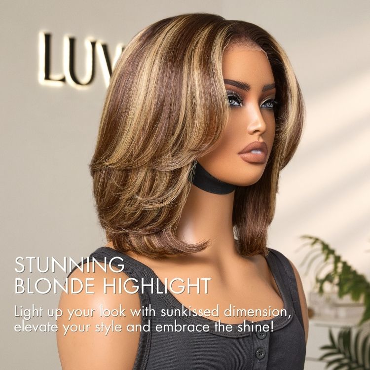 Luvme Hair blonde and brown highlight short layered bob wig with glueless 5x5 lace closure, pre-cut lace for easy wear