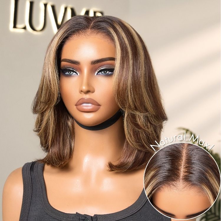 Blonde and brown highlight layered bob wig by Luvme Hair with glueless 5x5 lace closure and short, pre-cut lace styling.