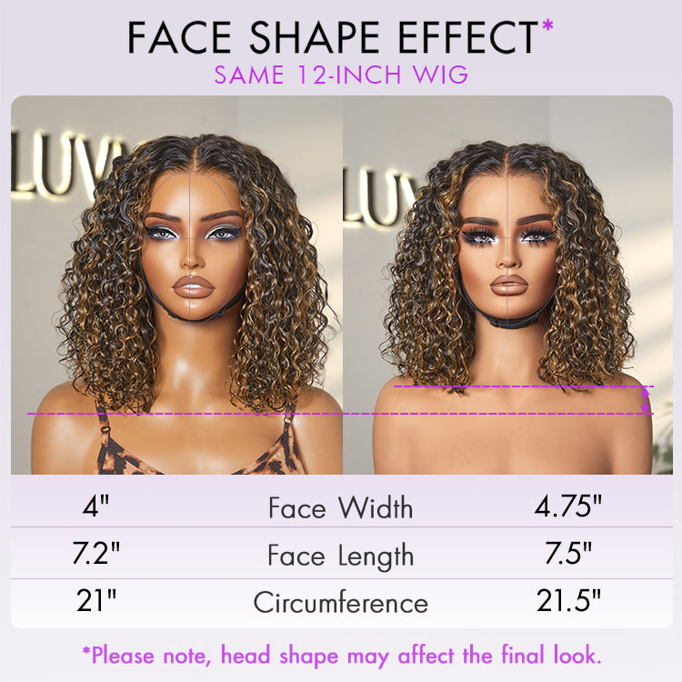 Deep curly lace wig with brown highlight, natural black, and blonde highlights, featuring a glueless 5x5 closure by Luvme Hair.