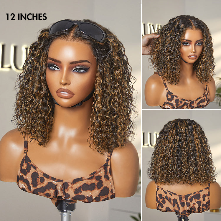 Deep curly lace wig with natural black, blonde, and brown highlights, 5x5 lace closure, pre-cut, glueless by Luvme Hair.