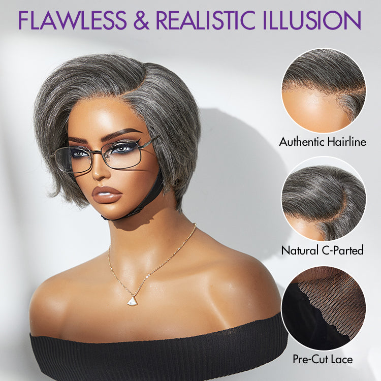 New Customers Only | Salt and Pepper Short Pixie Cut Wig Glueless Minimalist HD Lace Grey Wig Pre-Cut Lace-05